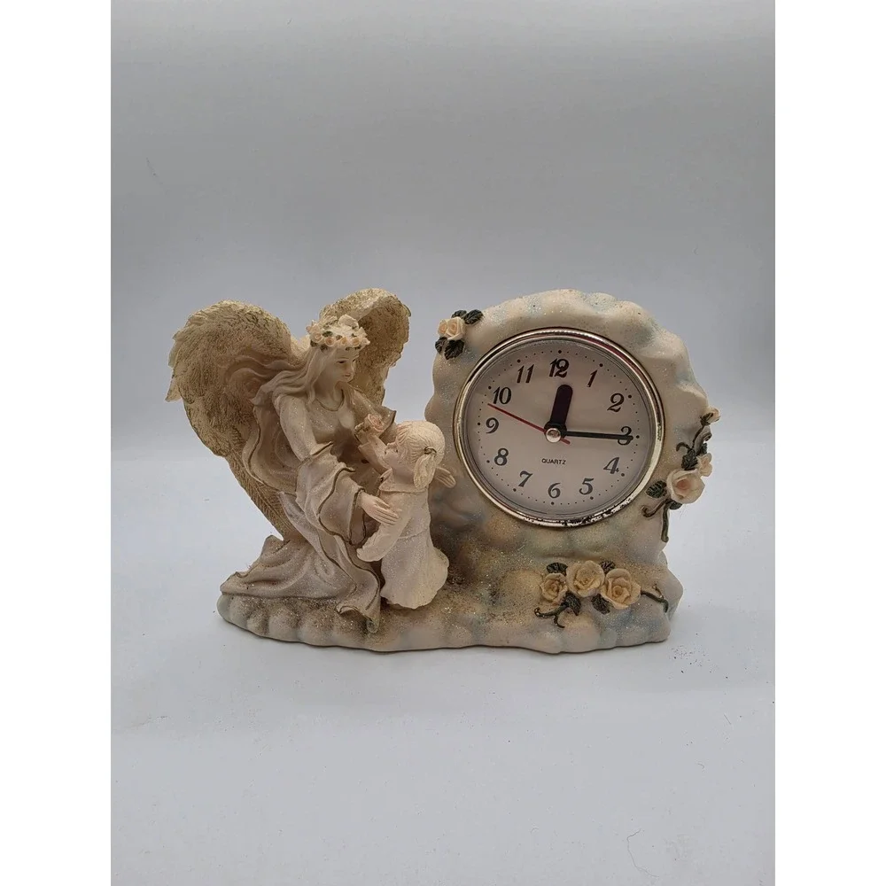 Vtg Angel Child Resin Desk Clock Cream Rose Scalloped Quartz Decor non-working